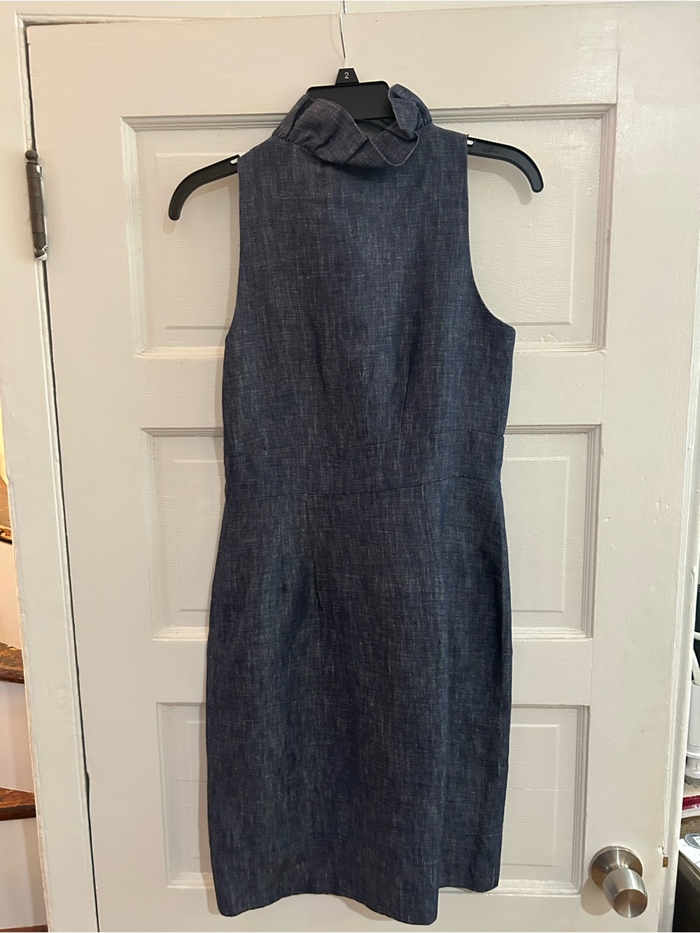 Taylor Sleeveless Denim-Blue Midi Dress with Ruffle Neck